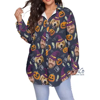 Custom Face Witches Halloween Hawaiian Plus Size Button Up Shirt For Women