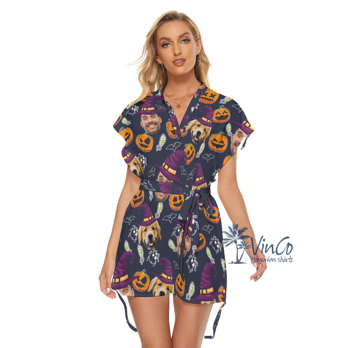 Custom Couple Faces Halloween Hawaiian Dress For Women - variant image 1