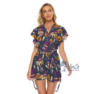 Custom Couple Faces Halloween Hawaiian Dress For Women