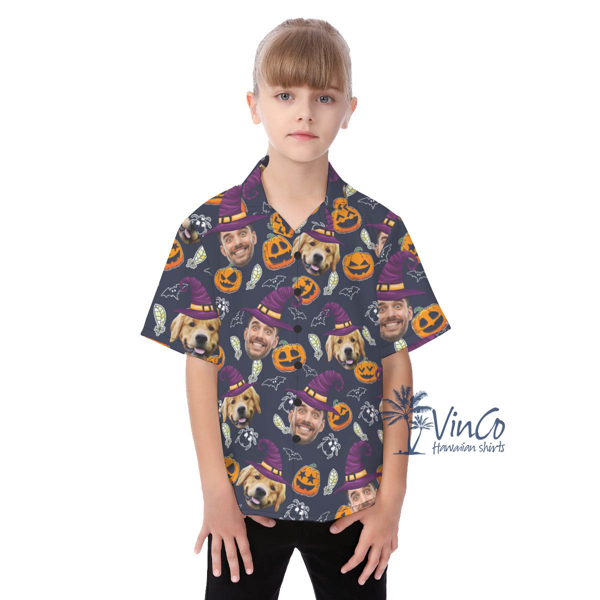 Personalized Photo Faces Halloween Hawaiian Button Up Shirt For Kids - variant image 1