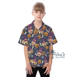 Personalized Photo Faces Halloween Hawaiian Button Up Shirt For Kids