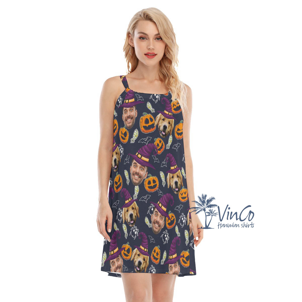 Custom 2 Faces Halloween Hawaiian Cami Dress For Women - variant image 1