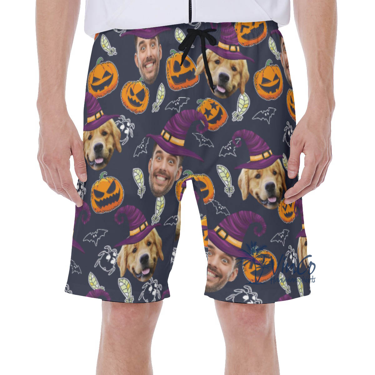 Custom Dog Face Halloween Witches Men's Hawaiian Shorts For Summer - variant image 1