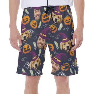 Custom Dog Face Halloween Witches Men's Hawaiian Shorts For Summer