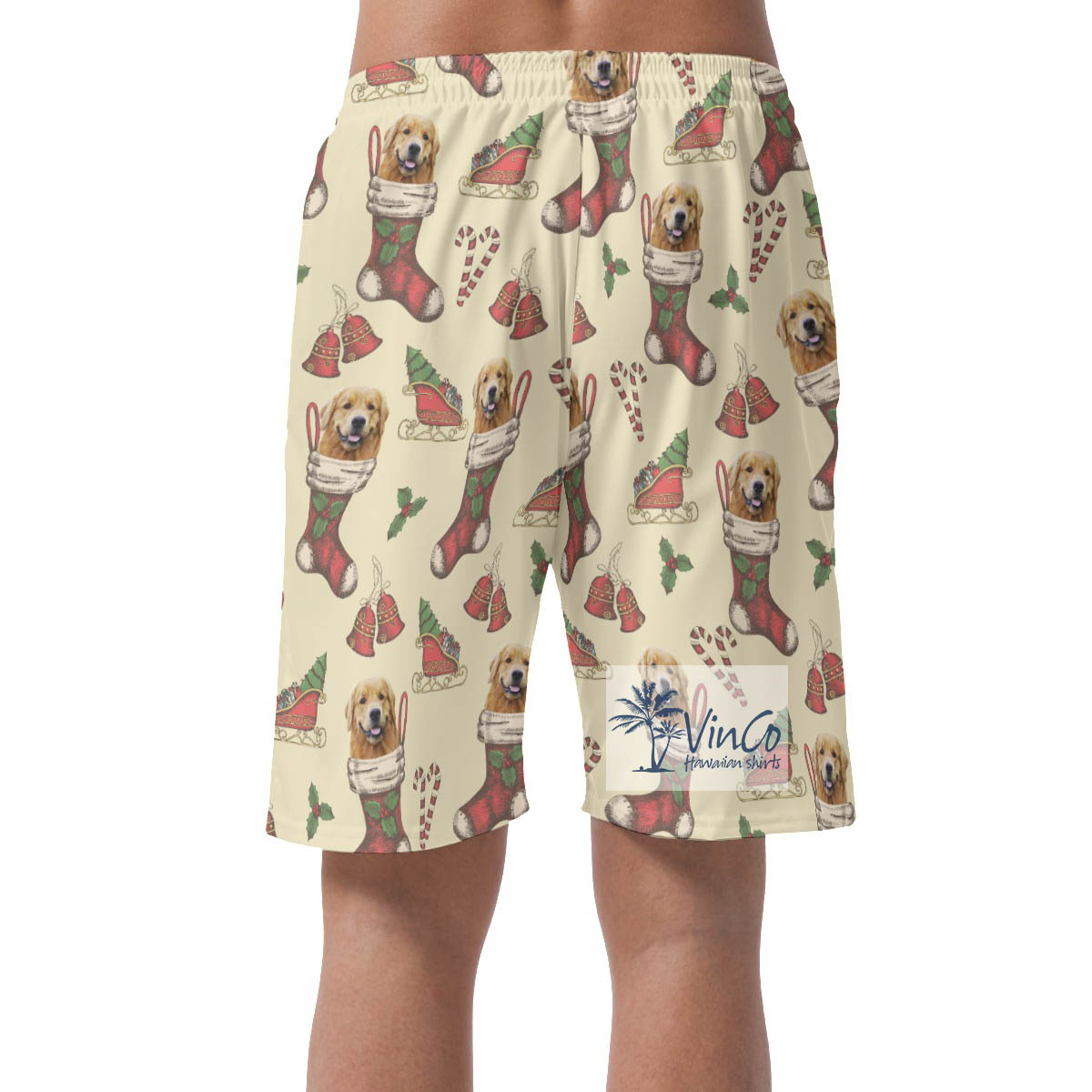 Funny Custom Dog Face With Christmas Socks Hawaiian Beach Shorts For Men