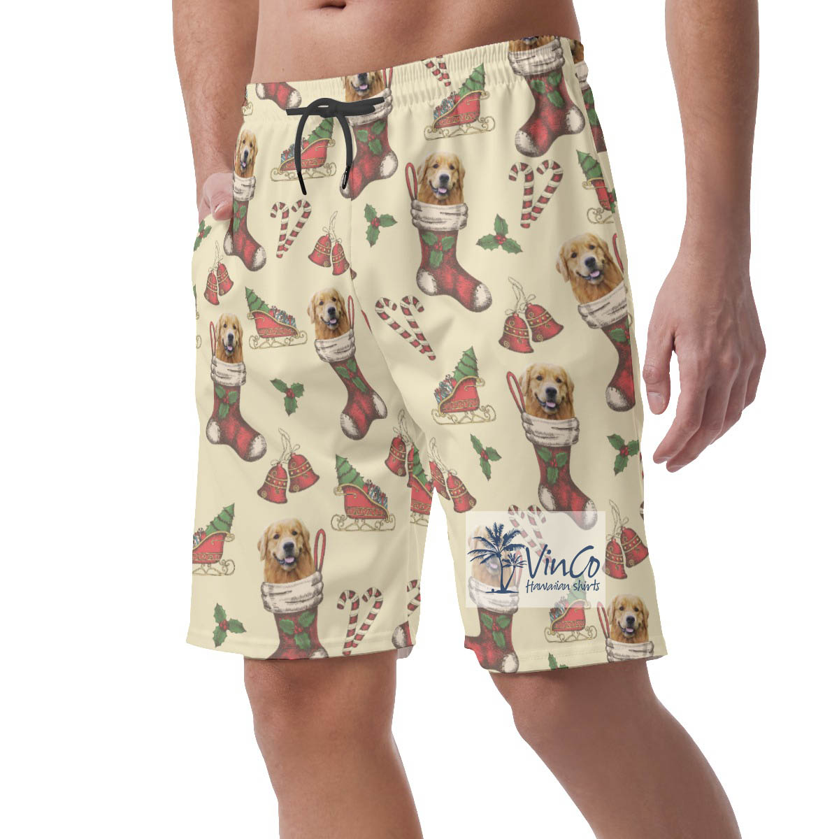 Funny Custom Dog Face With Christmas Socks Hawaiian Beach Shorts For Men