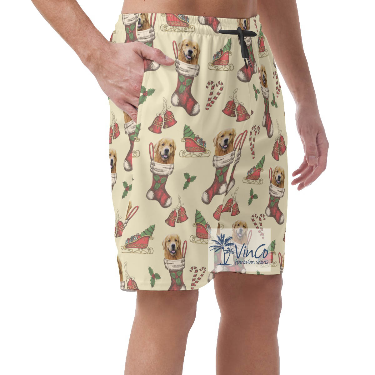 Funny Custom Dog Face With Christmas Socks Hawaiian Beach Shorts For Men