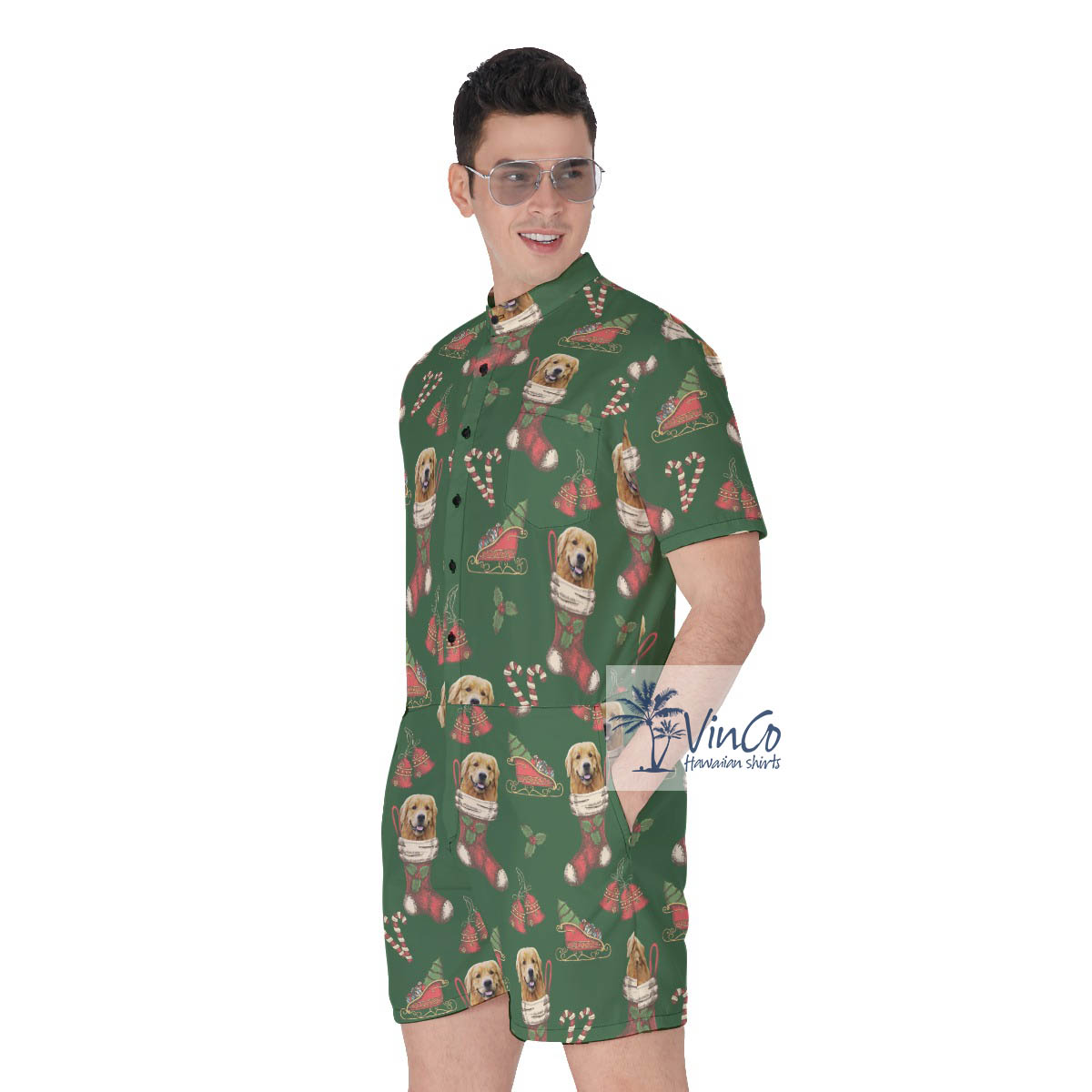 Custom Christmas Men's Hawaiian Romper With Dog Face