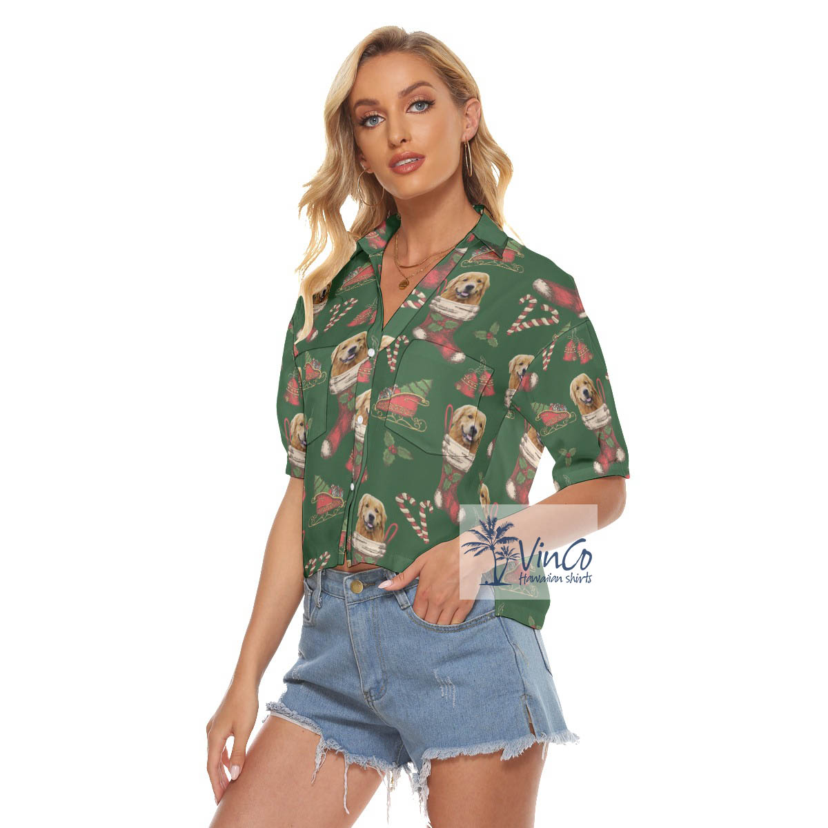 Funny Custom Dog Face With Christmas Sock Aloha Crop Top Shirt For Women