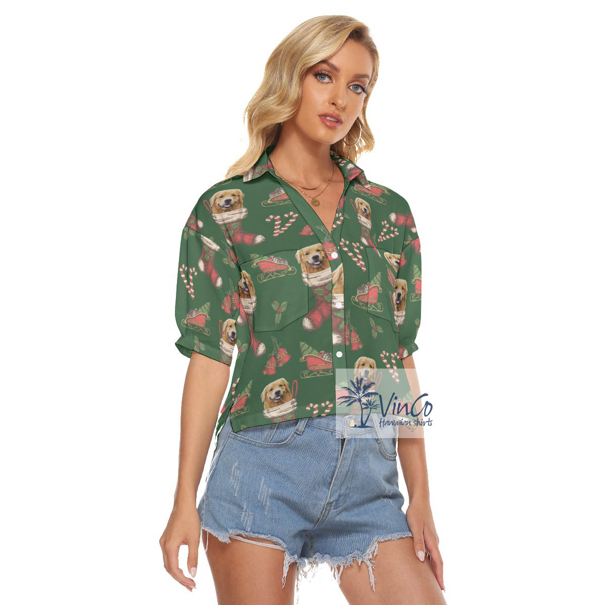 Funny Custom Dog Face With Christmas Sock Aloha Crop Top Shirt For Women