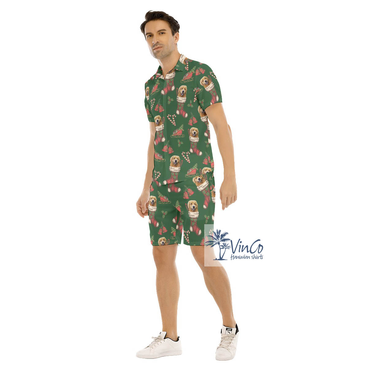 Funny Custom Dog Face With Christmas Sock Hawaiian Shirt And Matching Shorts For Men