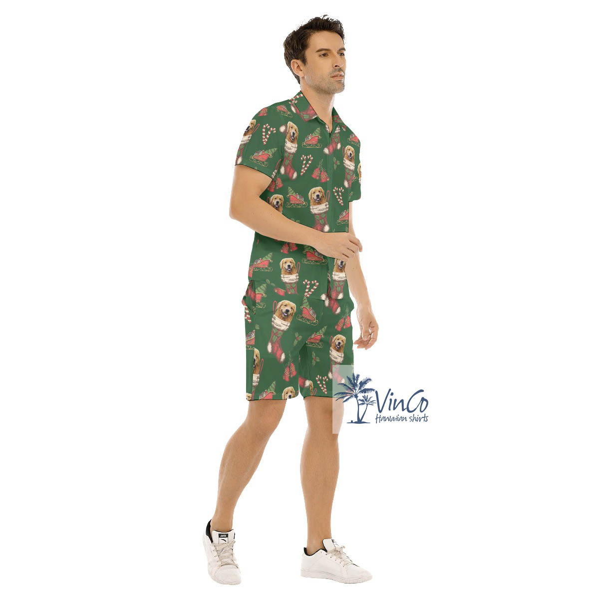 Funny Custom Dog Face With Christmas Sock Hawaiian Shirt And Matching Shorts For Men