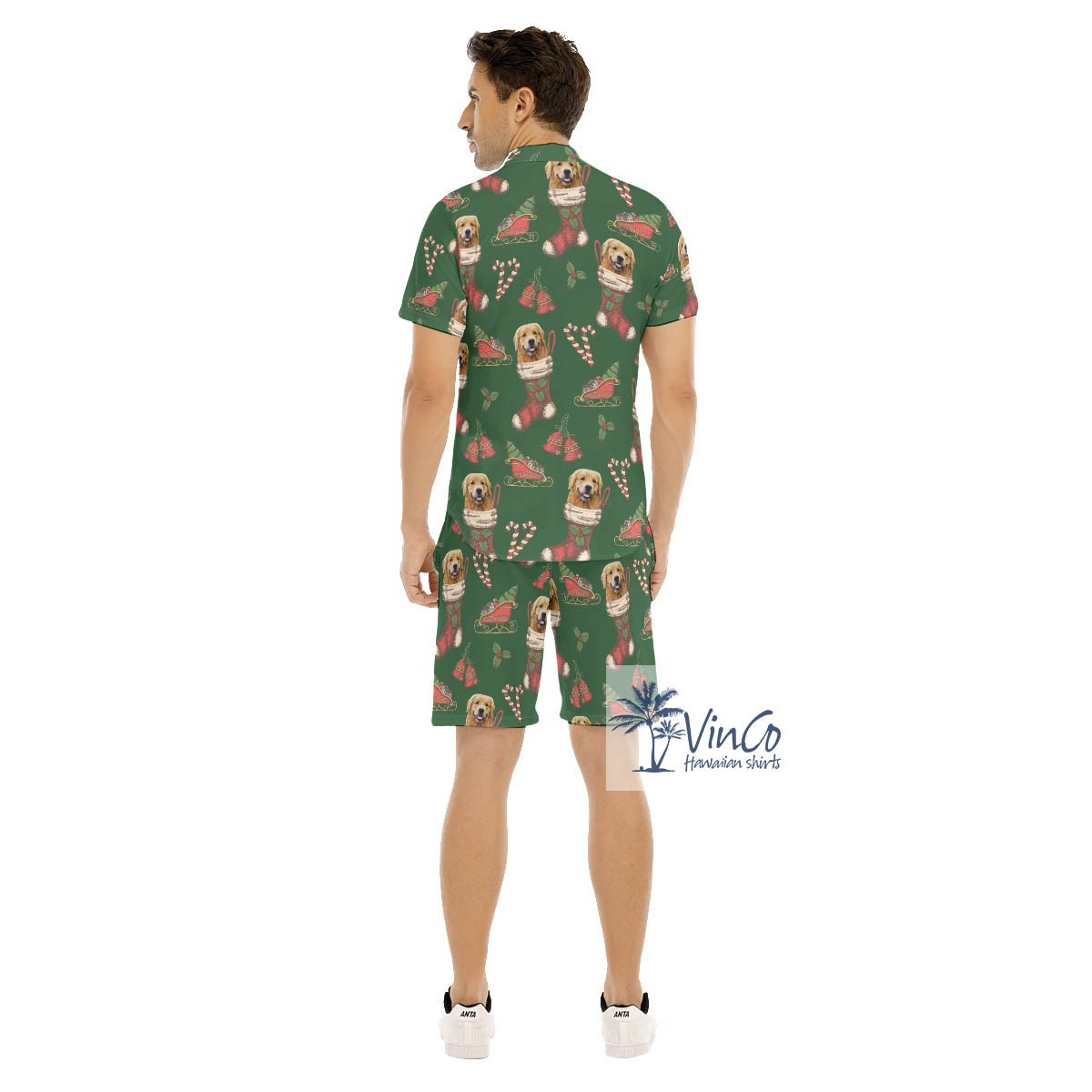 Funny Custom Dog Face With Christmas Sock Hawaiian Shirt And Matching Shorts For Men