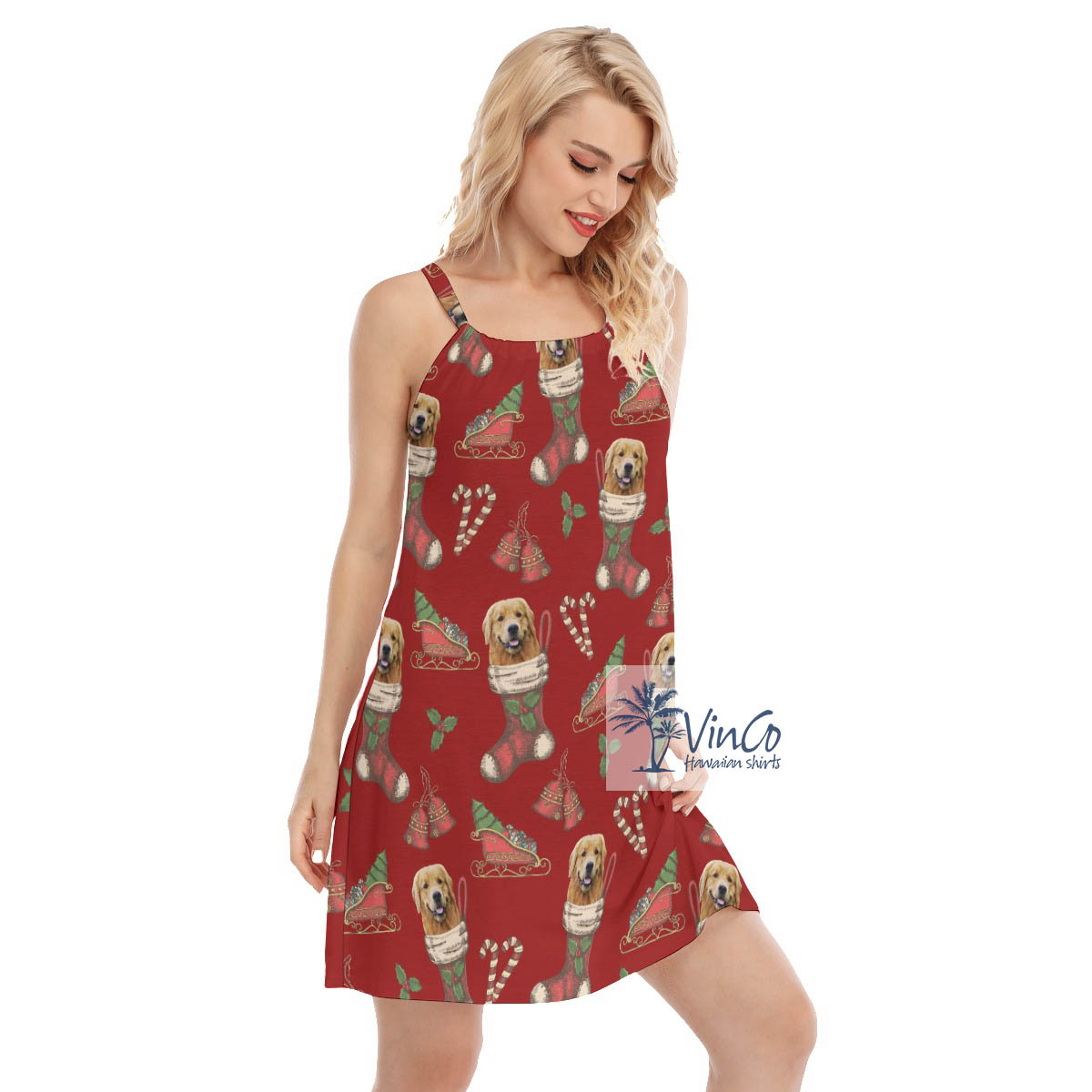 Funny Custom Dog Face With Christmas Socks Hawaiian Dresses For Women