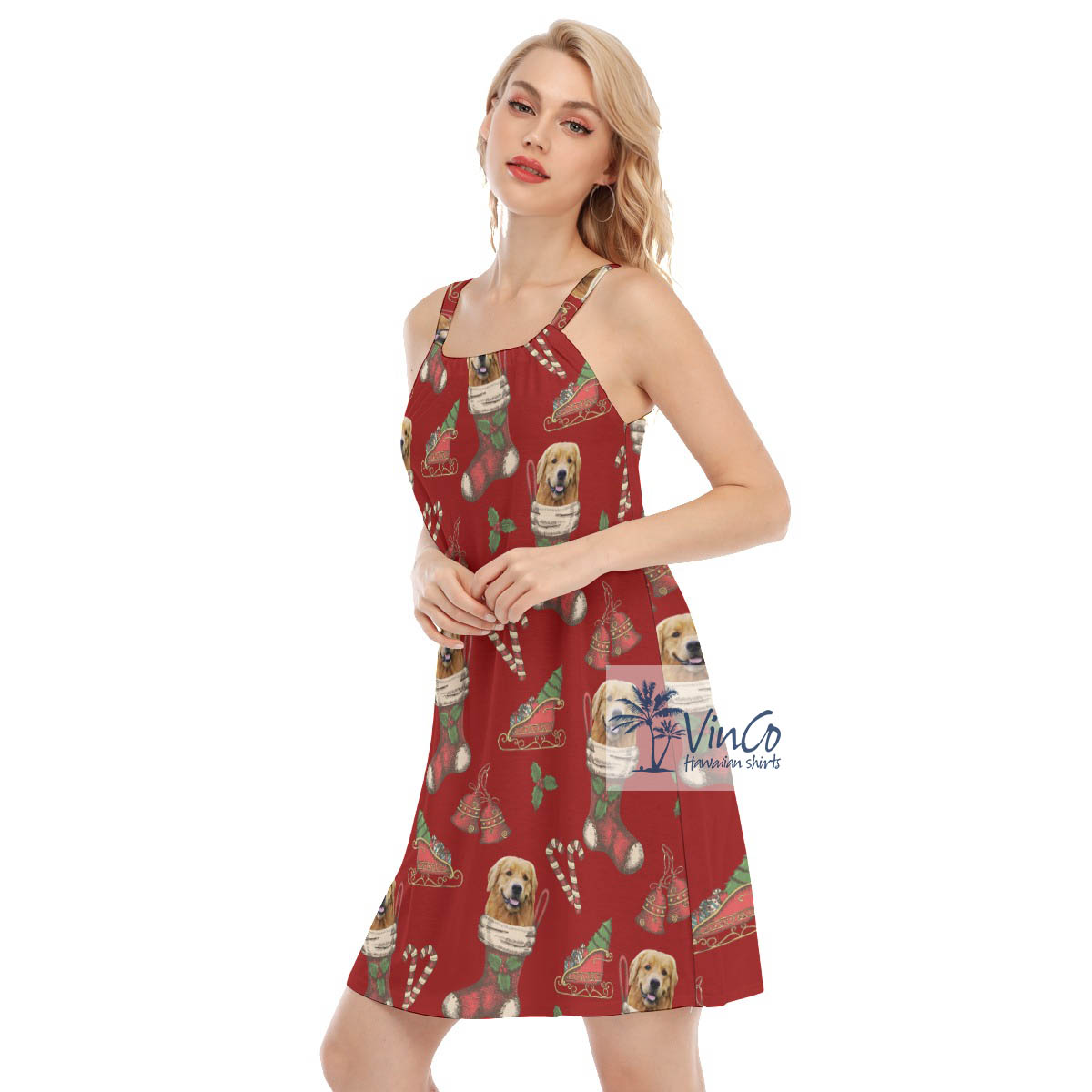 Funny Custom Dog Face With Christmas Socks Hawaiian Dresses For Women