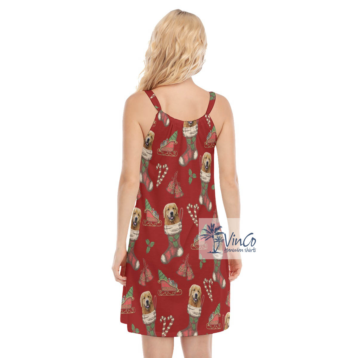 Funny Custom Dog Face With Christmas Socks Hawaiian Dresses For Women