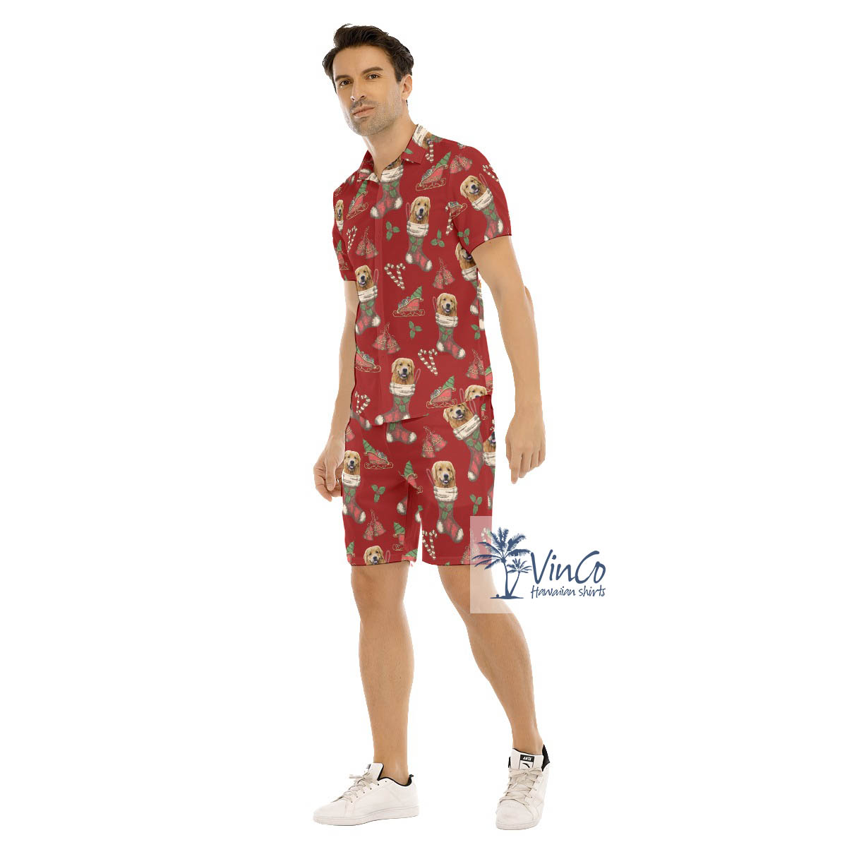 Set Christmas Hawaiian Shirt And Matching Shorts With Custom Dog Face For Men