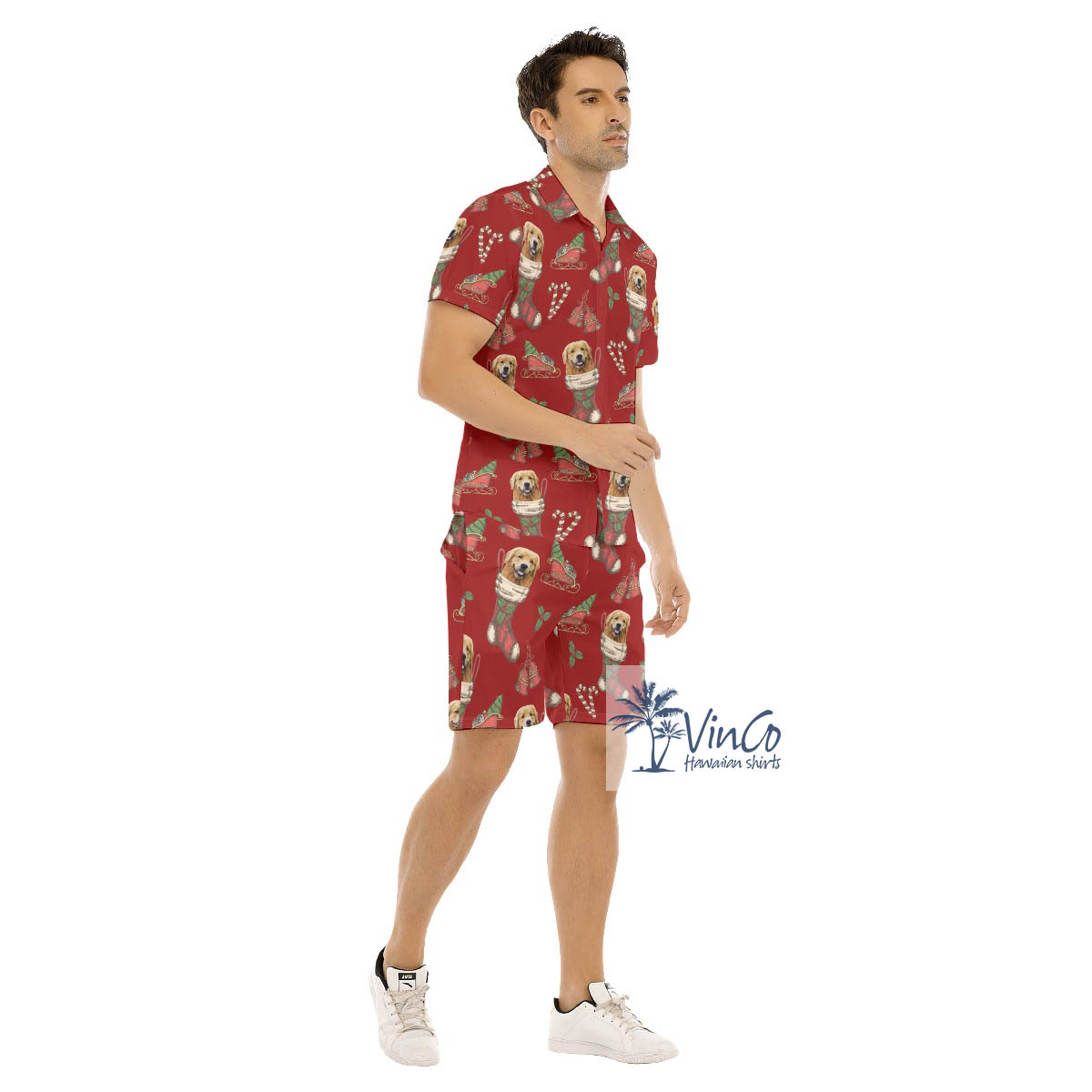 Set Christmas Hawaiian Shirt And Matching Shorts With Custom Dog Face For Men