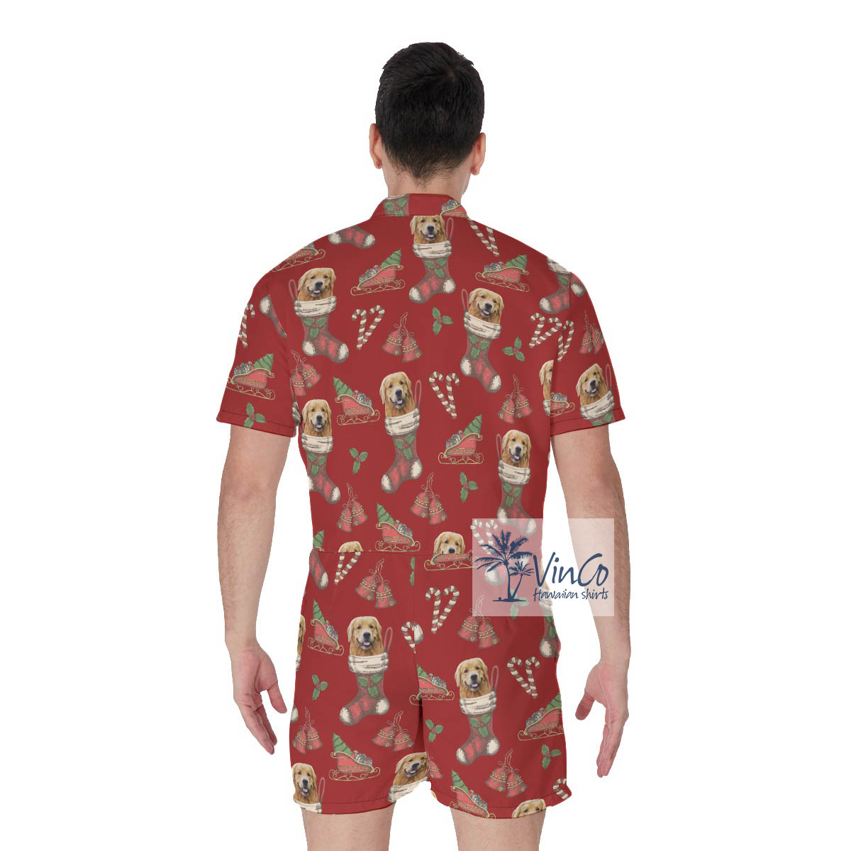 Funny Custom Dog Face With Christmas Socks Men's Hawaiian Romper