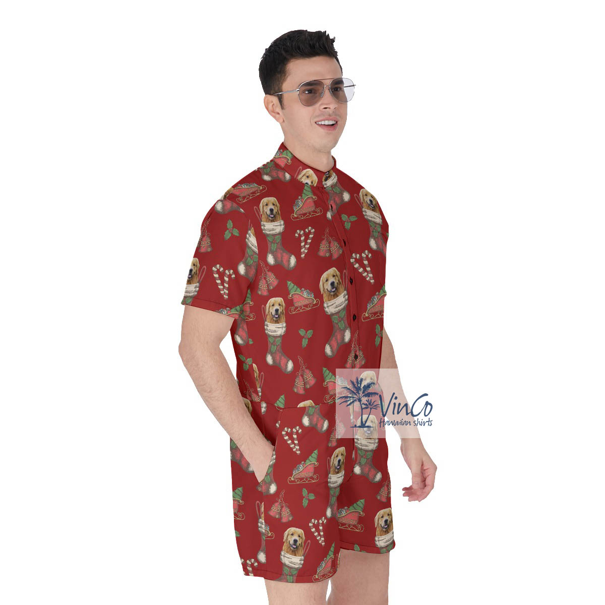 Funny Custom Dog Face With Christmas Socks Men's Hawaiian Romper