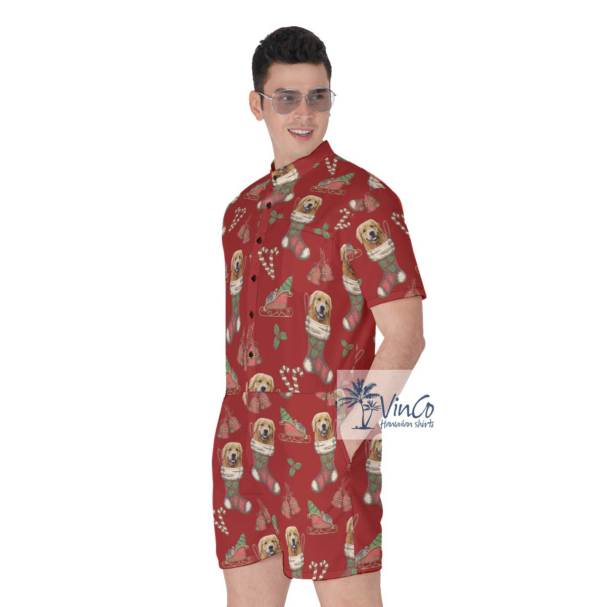 Funny Custom Dog Face With Christmas Socks Men's Hawaiian Romper