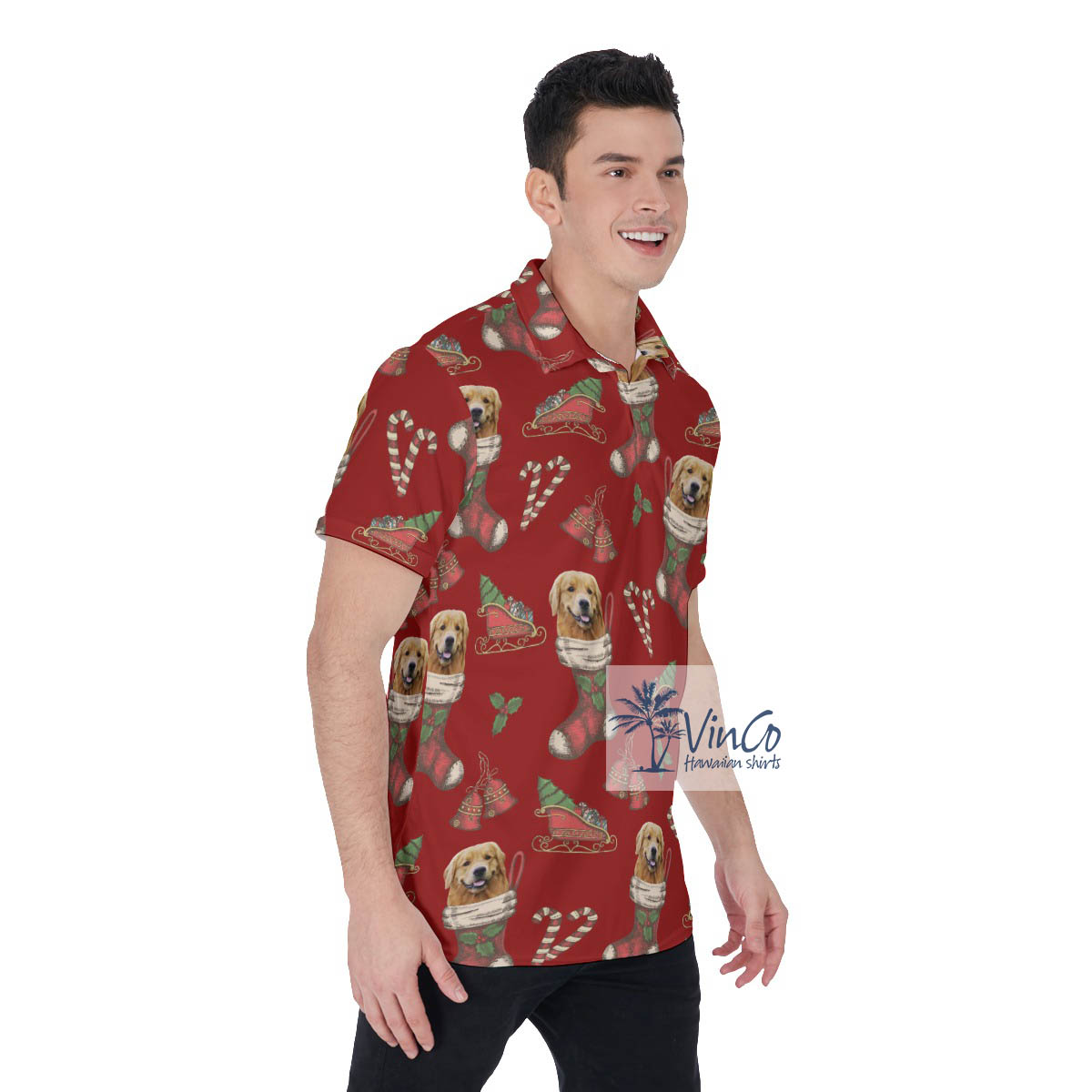 Funny Custom Dog Face Christmas Socks Hawaiian Polo Shirt