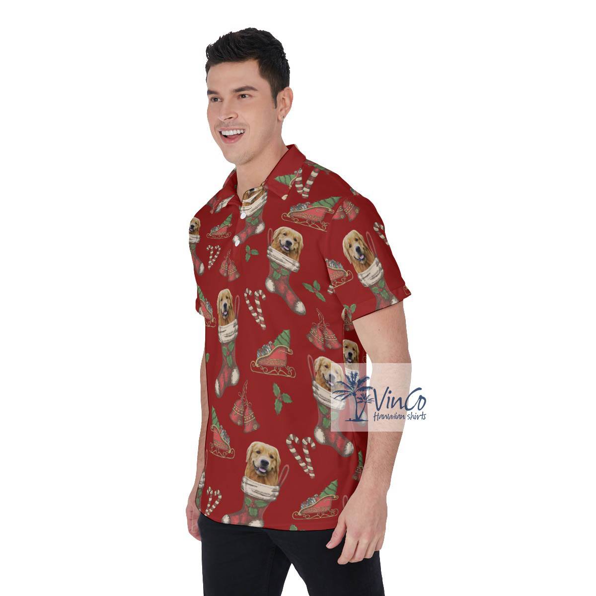 Funny Custom Dog Face Christmas Socks Hawaiian Polo Shirt