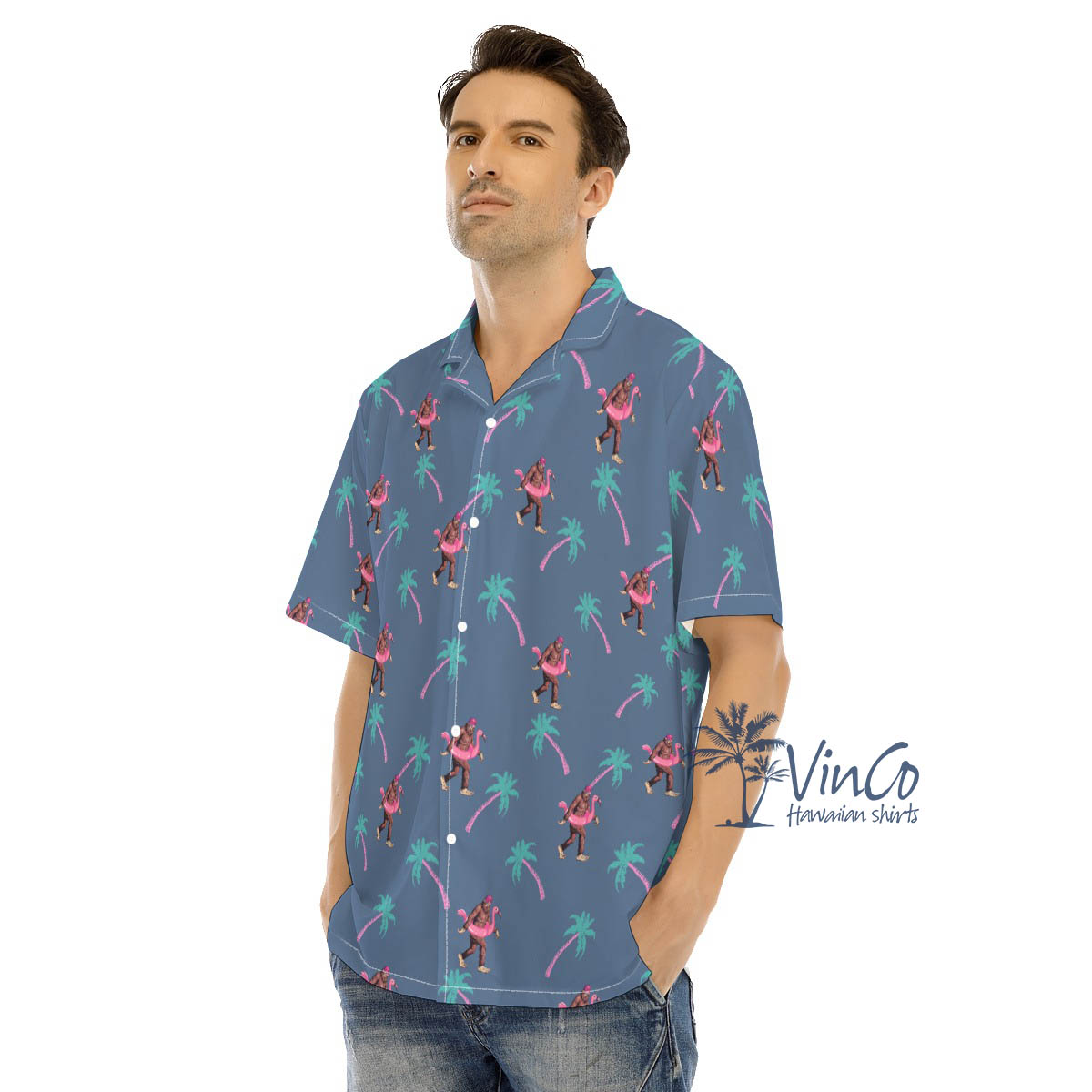 Navy Bigfoot Hawaiian Aloha Shirt For Men