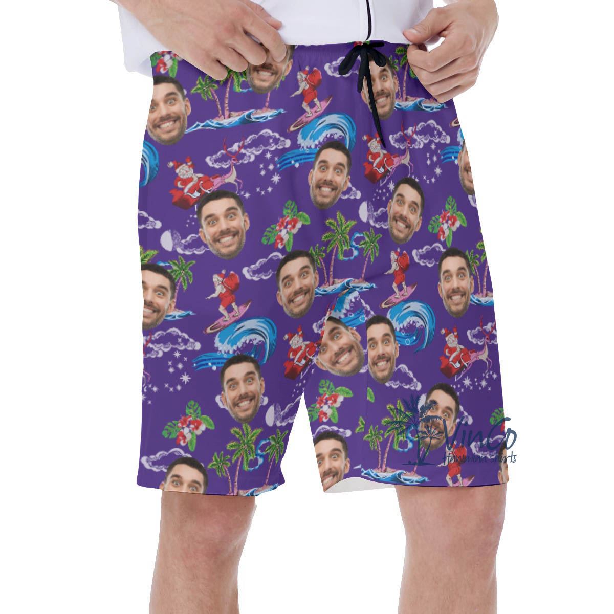 Funny Santa Surfing Christmas Hawaiian Swim Trunks With Custom Face