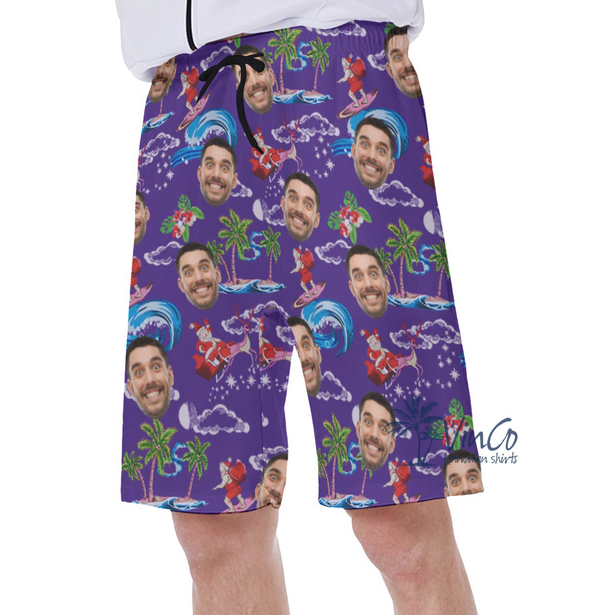 Funny Santa Surfing Christmas Hawaiian Swim Trunks With Custom Face