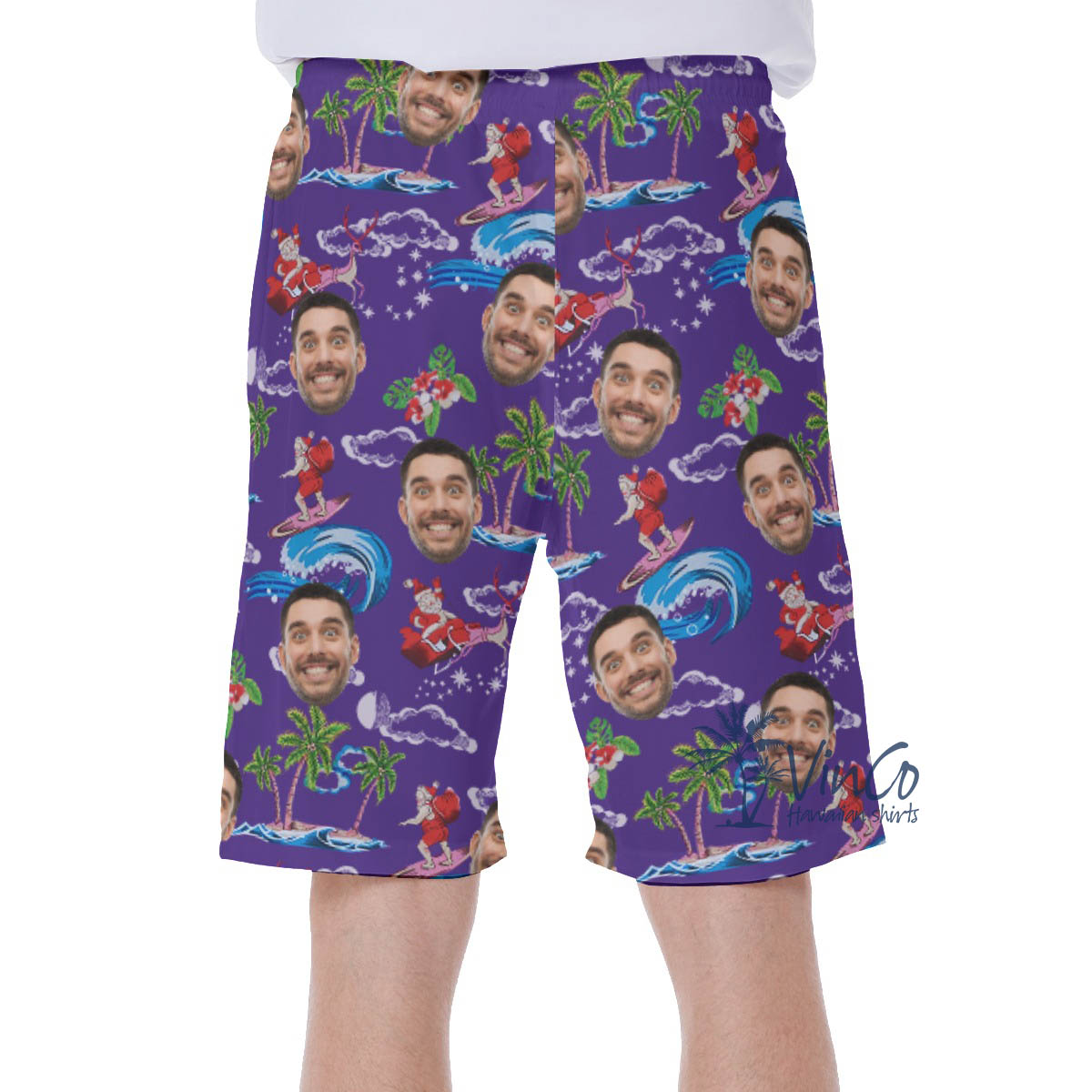 Funny Santa Surfing Christmas Hawaiian Swim Trunks With Custom Face