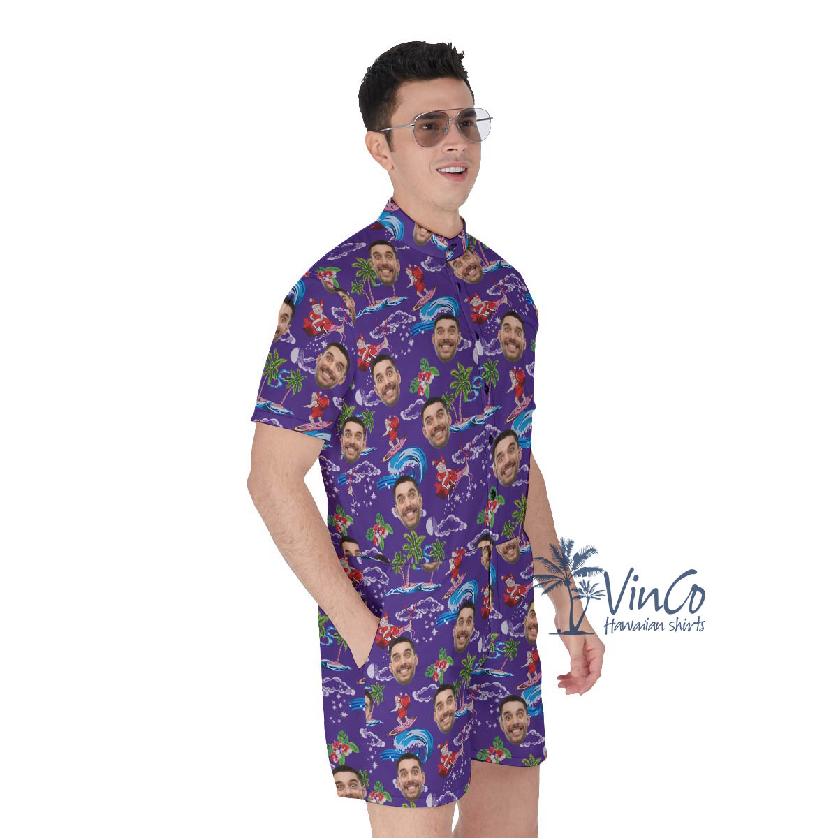 Funny Custom Face Santa Claus Christmas Hawaiian Romper For Men