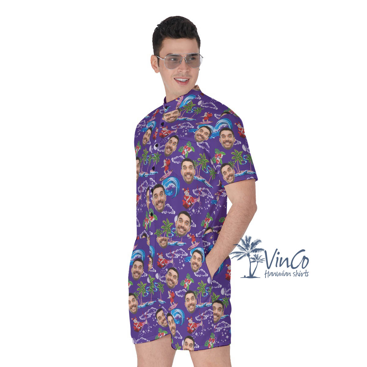 Funny Custom Face Santa Claus Christmas Hawaiian Romper For Men