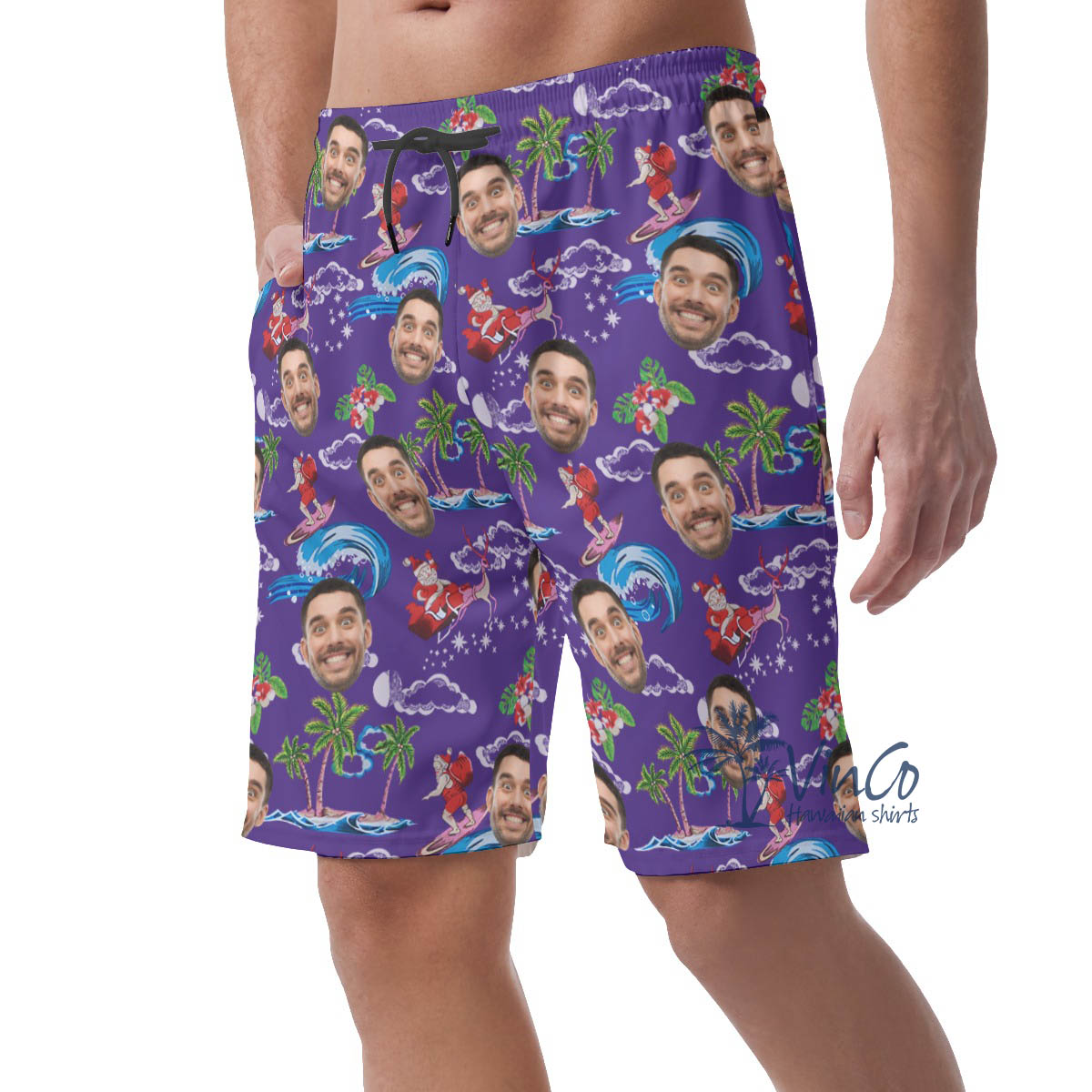 Christmas Santa Claus Custom Face Hawaiian Beach Shorts For Men