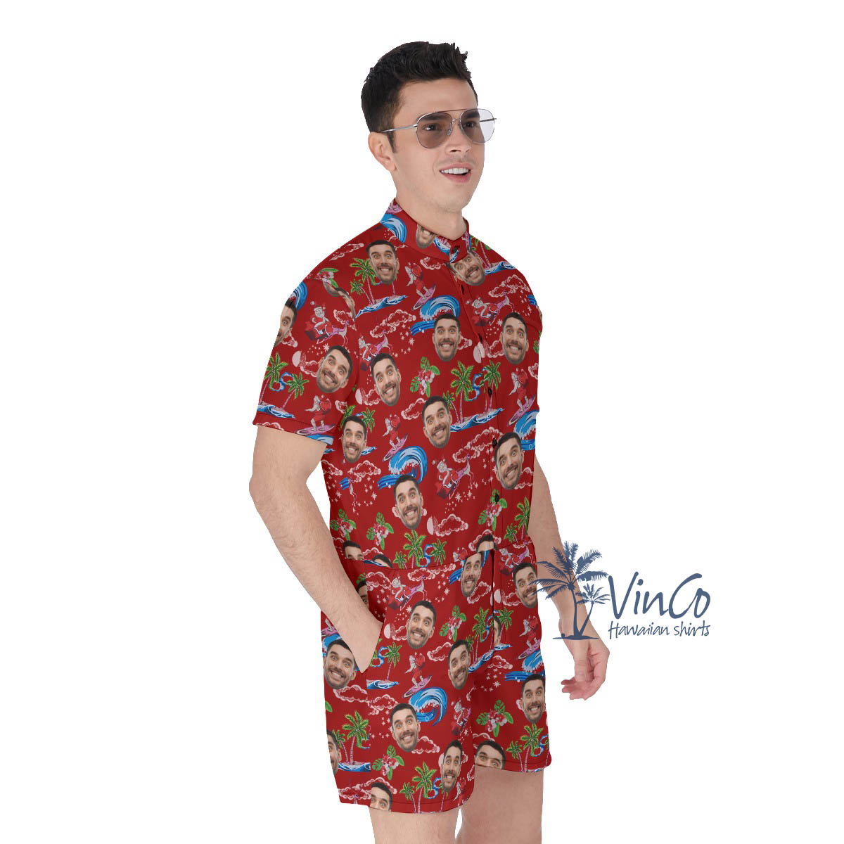 Christmas Santa Surfing Hawaiian Romper With Custom Face