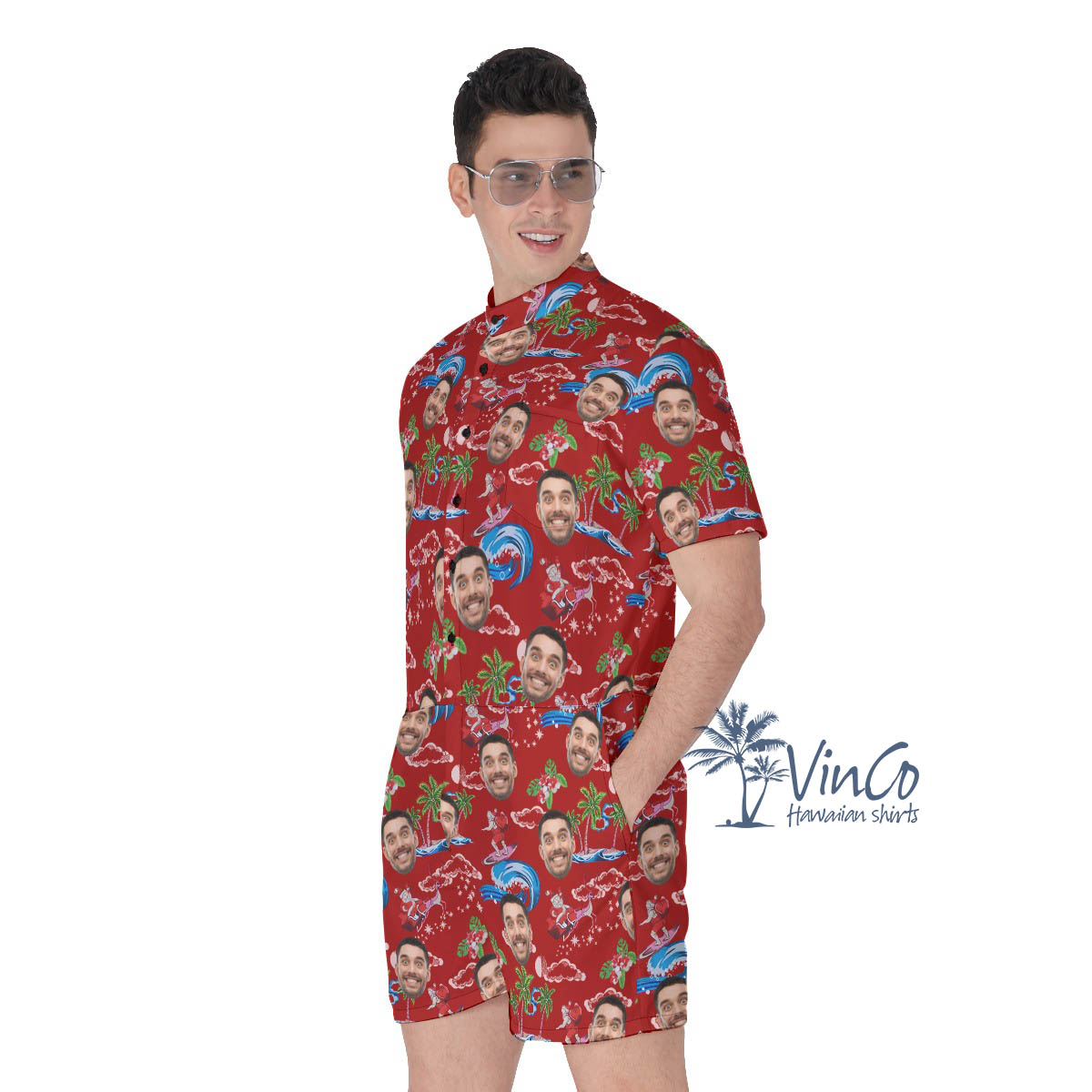 Christmas Santa Surfing Hawaiian Romper With Custom Face