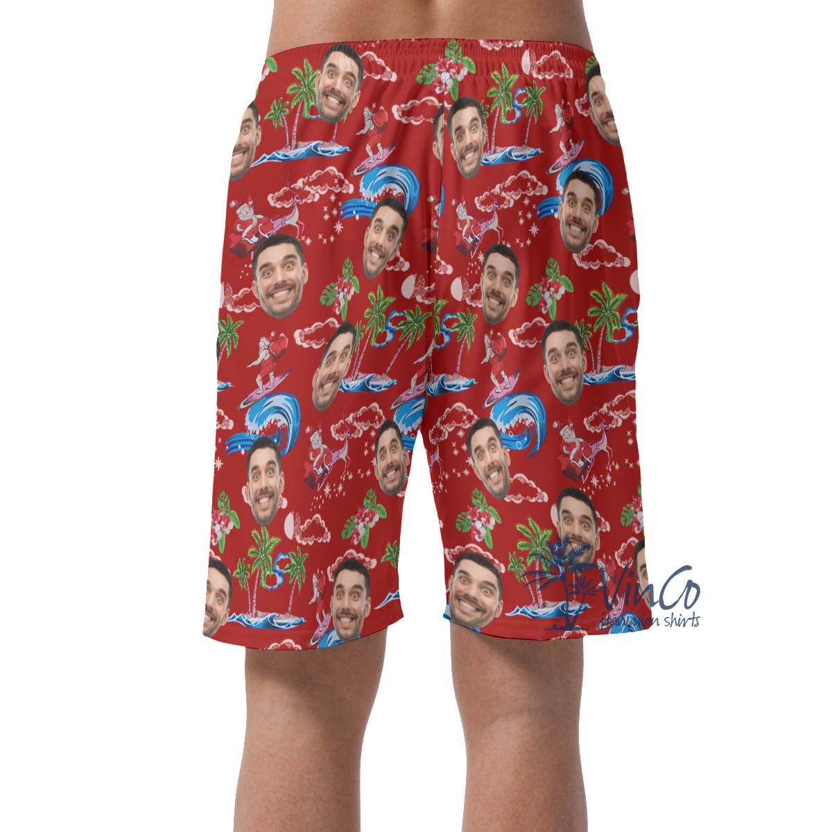 Christmas Santa Claus Surfing Custom Face Hawaiian Beach Shorts For Men