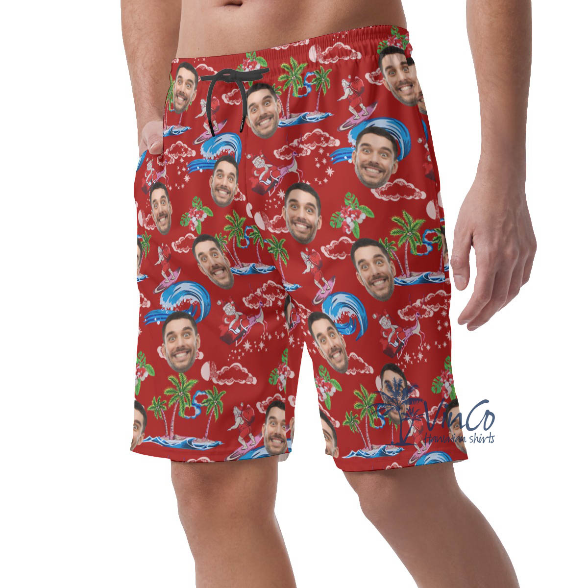 Christmas Santa Claus Surfing Custom Face Hawaiian Beach Shorts For Men