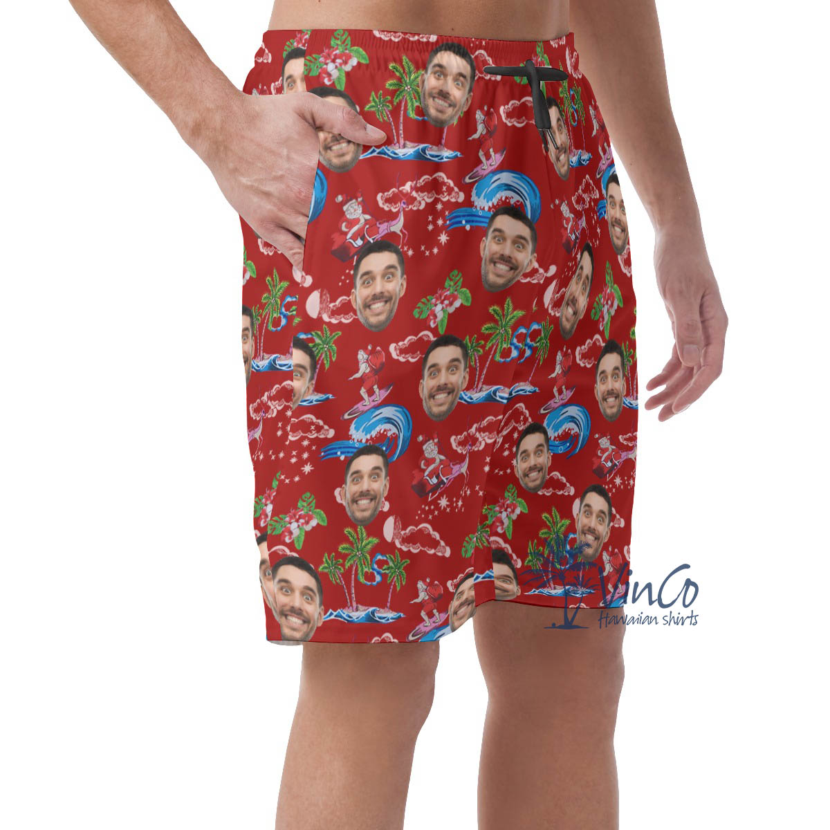 Christmas Santa Claus Surfing Custom Face Hawaiian Beach Shorts For Men