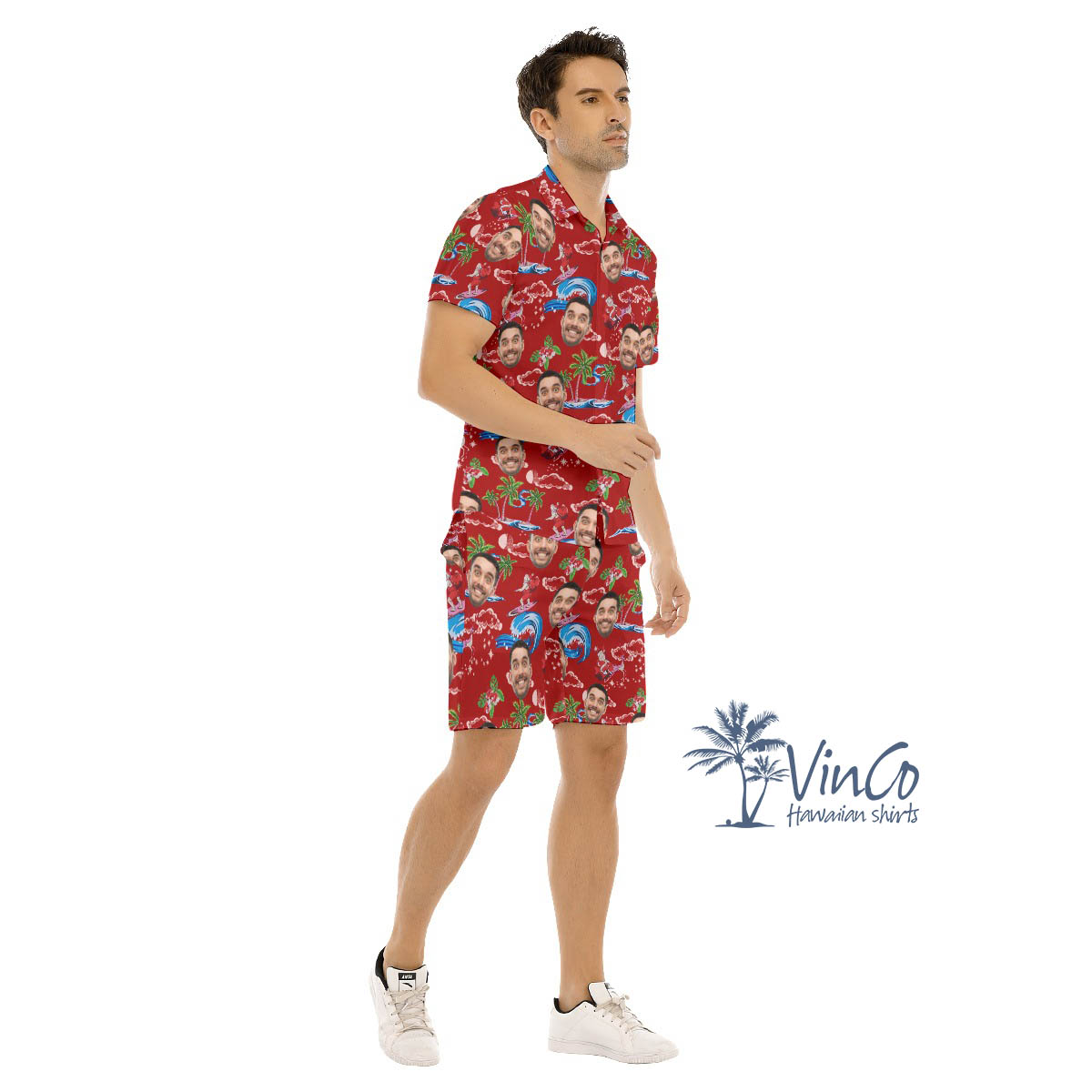 Funny Custom Face Christmas Santa Hawaiian Shirt And Matching Shorts For Men