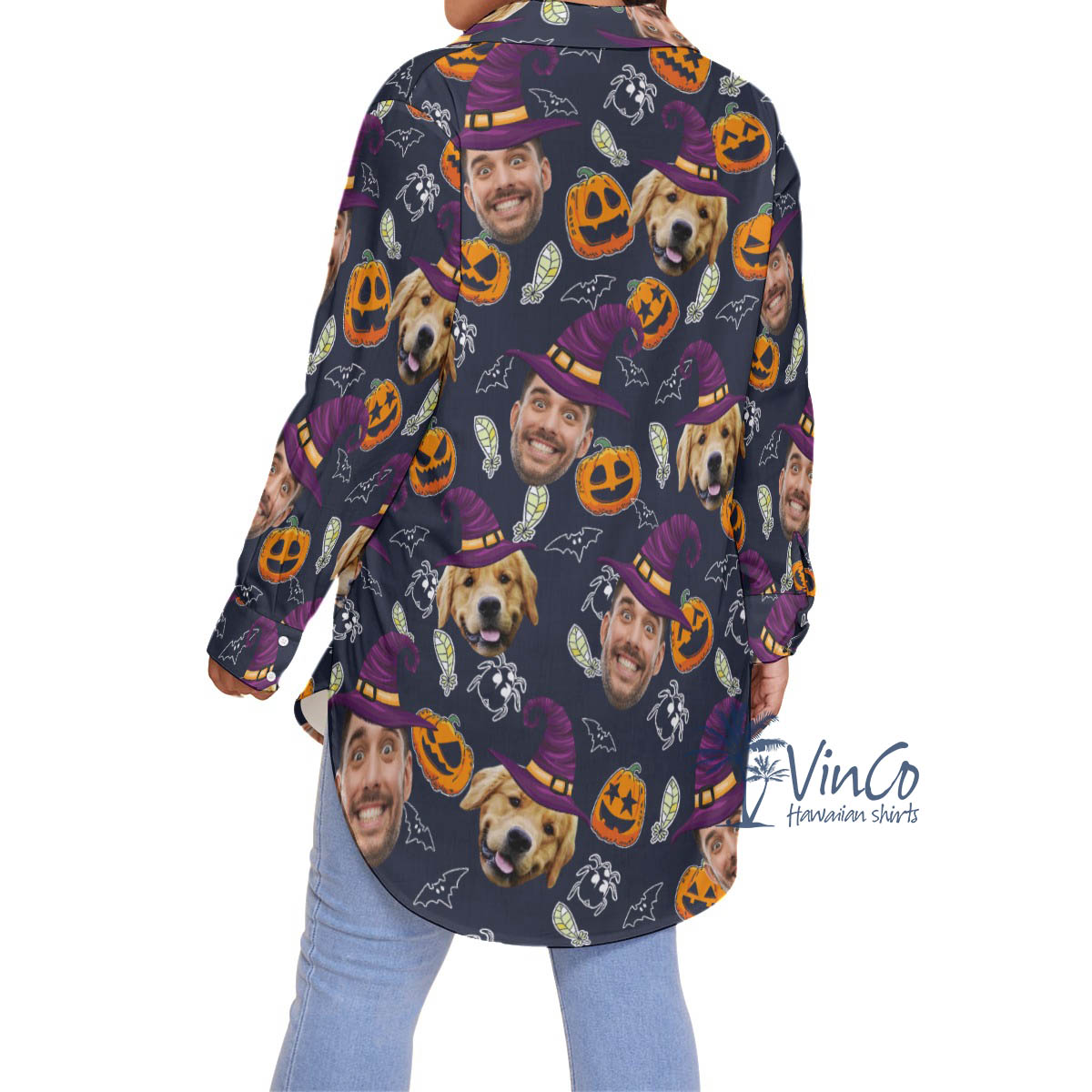 Custom Face Witches Halloween Hawaiian Plus Size Button Up Shirt For Women