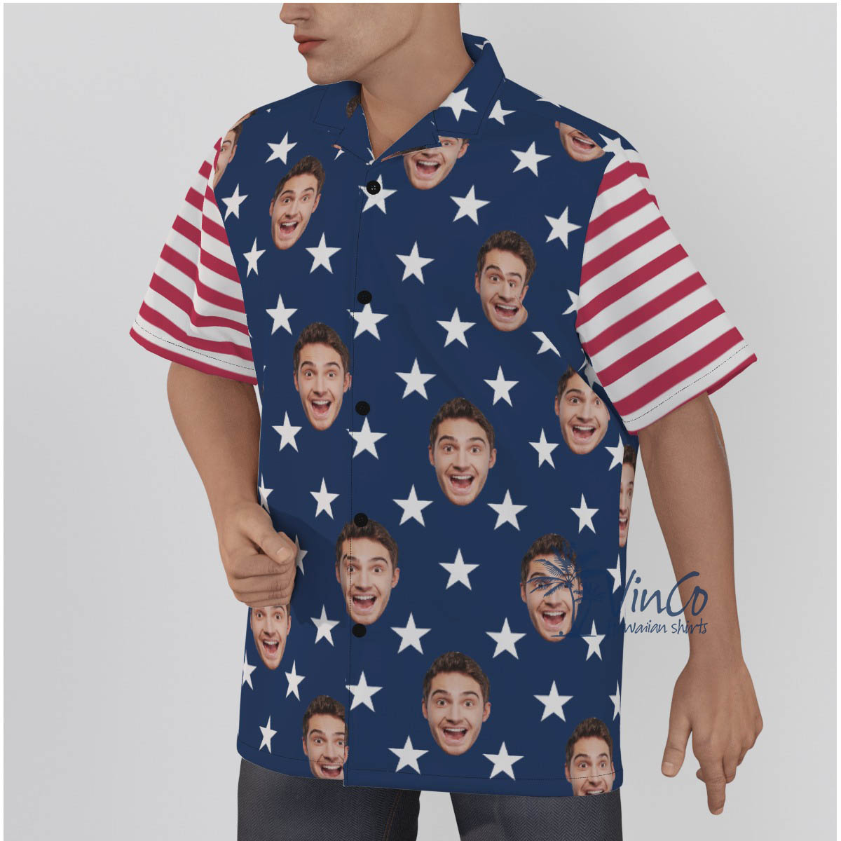Custom Face Patriotic Hawaii Button Up Shirt For Men