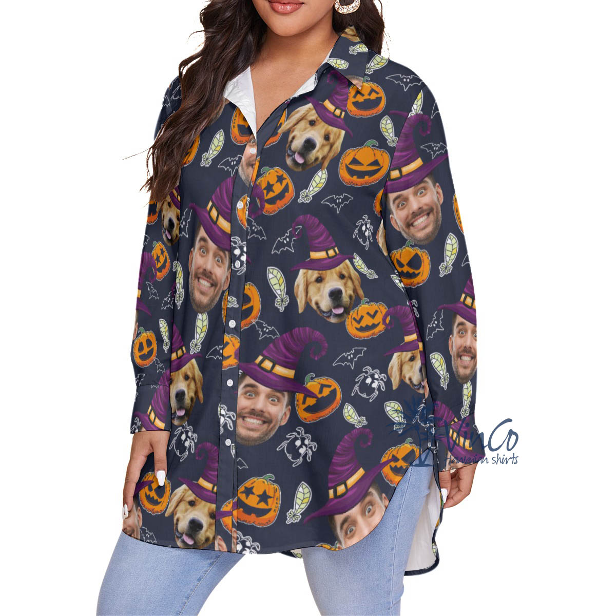 Custom Face Witches Halloween Hawaiian Plus Size Button Up Shirt For Women
