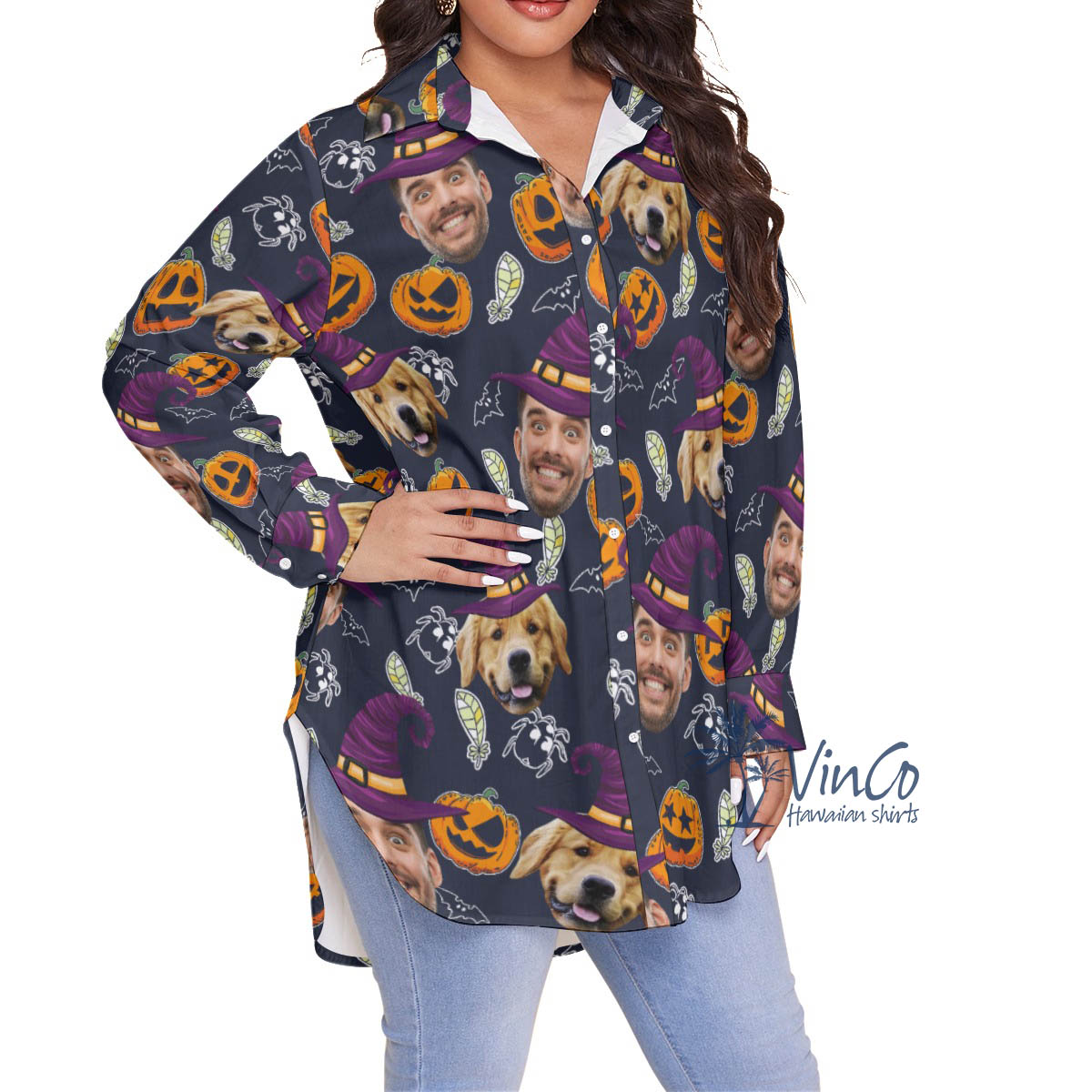 Custom Face Witches Halloween Hawaiian Plus Size Button Up Shirt For Women