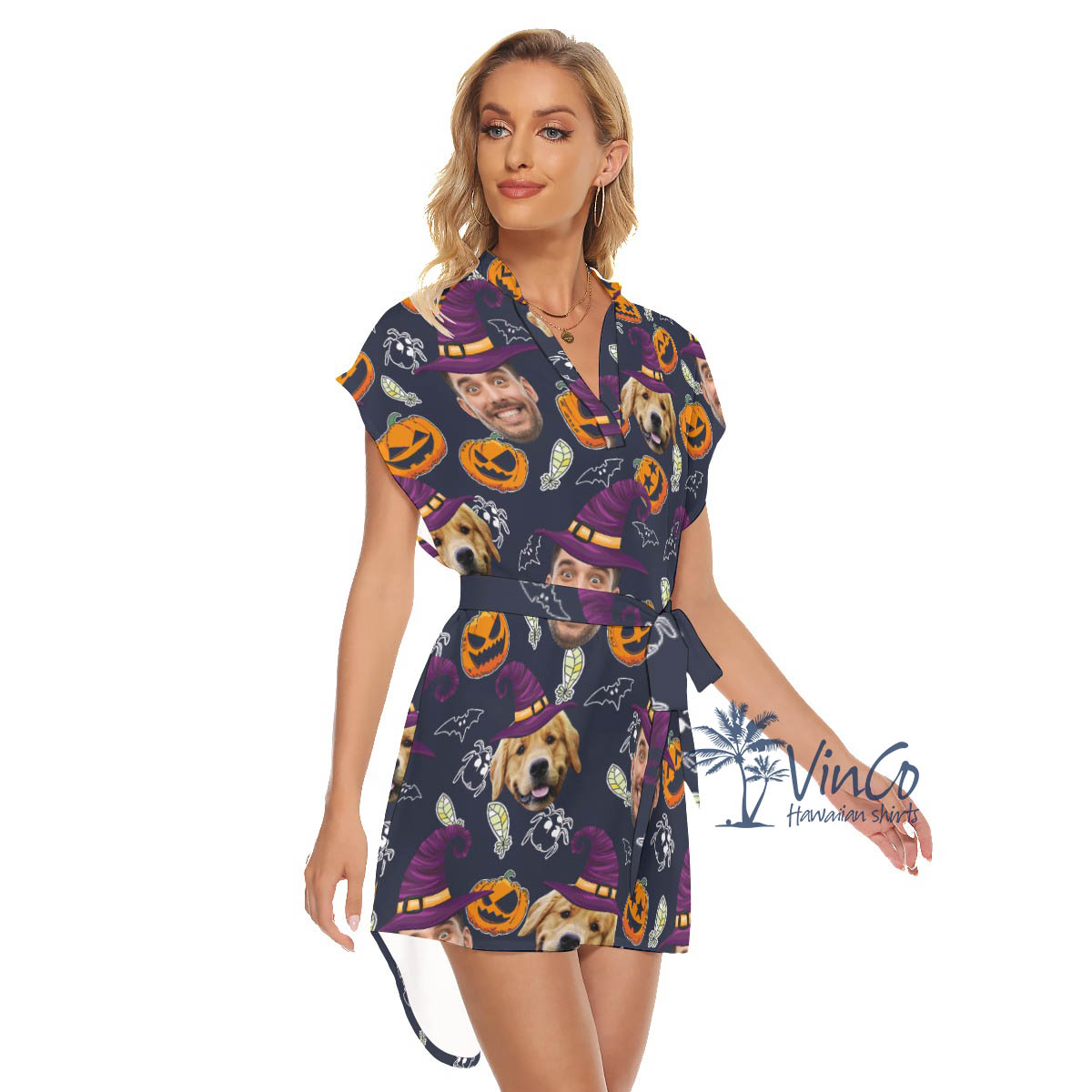Custom Couple Faces Halloween Hawaiian Dress For Women