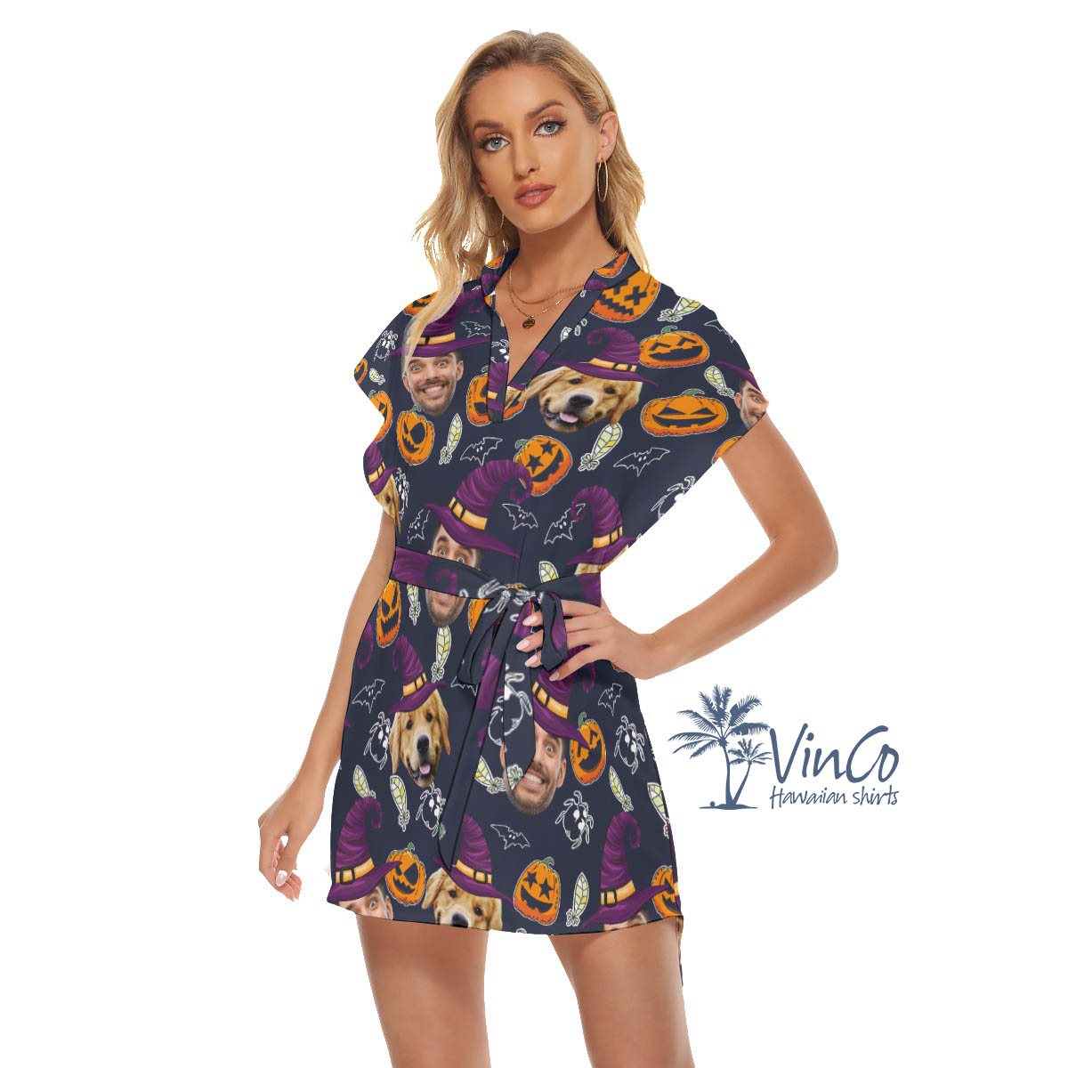 Custom Couple Faces Halloween Hawaiian Dress For Women