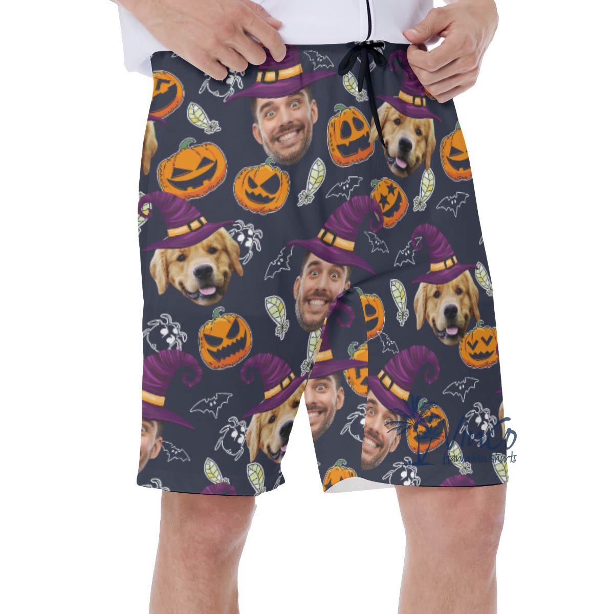 Custom Dog Face Halloween Witches Men's Hawaiian Shorts For Summer