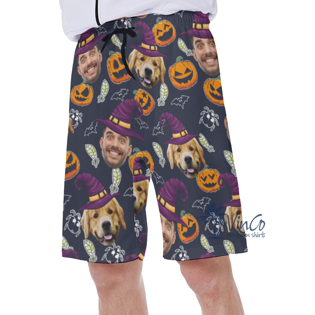 Custom Dog Face Halloween Witches Men's Hawaiian Shorts For Summer