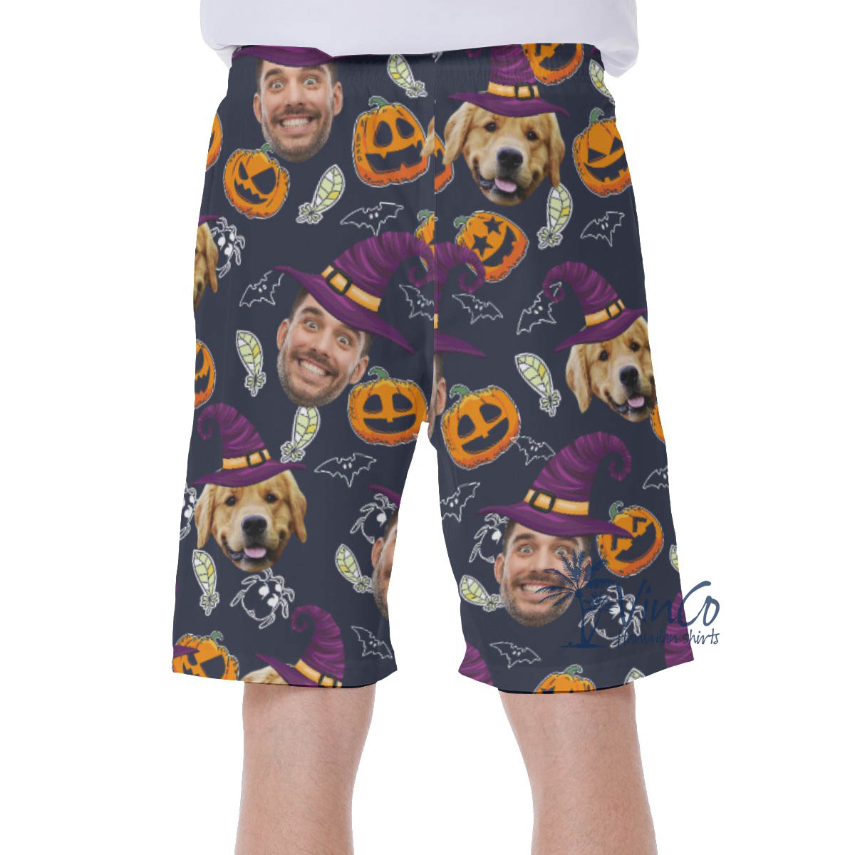 Custom Dog Face Halloween Witches Men's Hawaiian Shorts For Summer