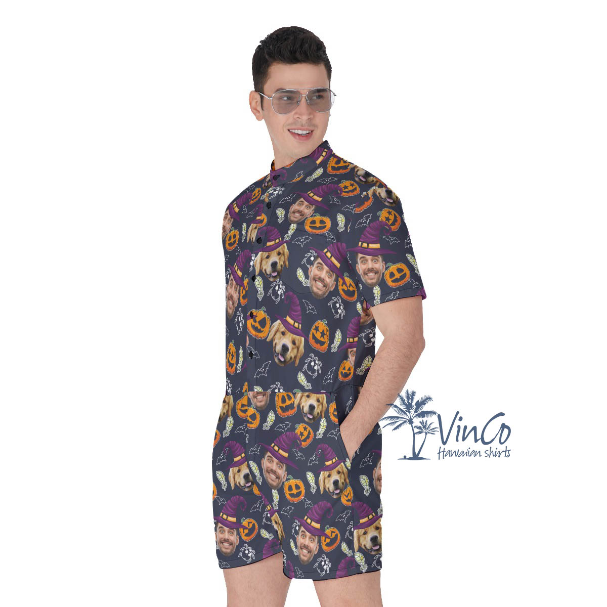 Custom Human And Dog Face Halloween Theme Romper For Men